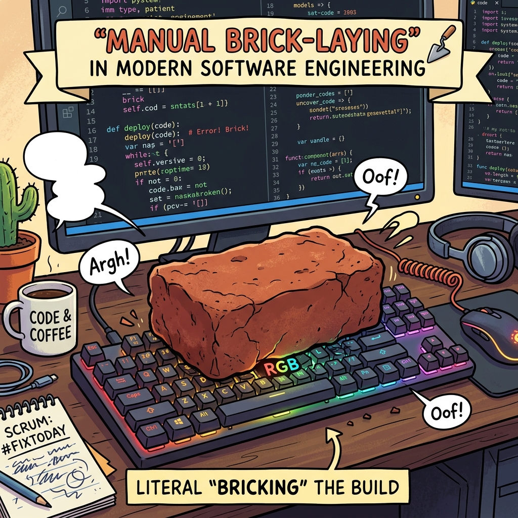 A literal heavy red brick resting on top of a glowing mechanical keyboard with software code in the background.